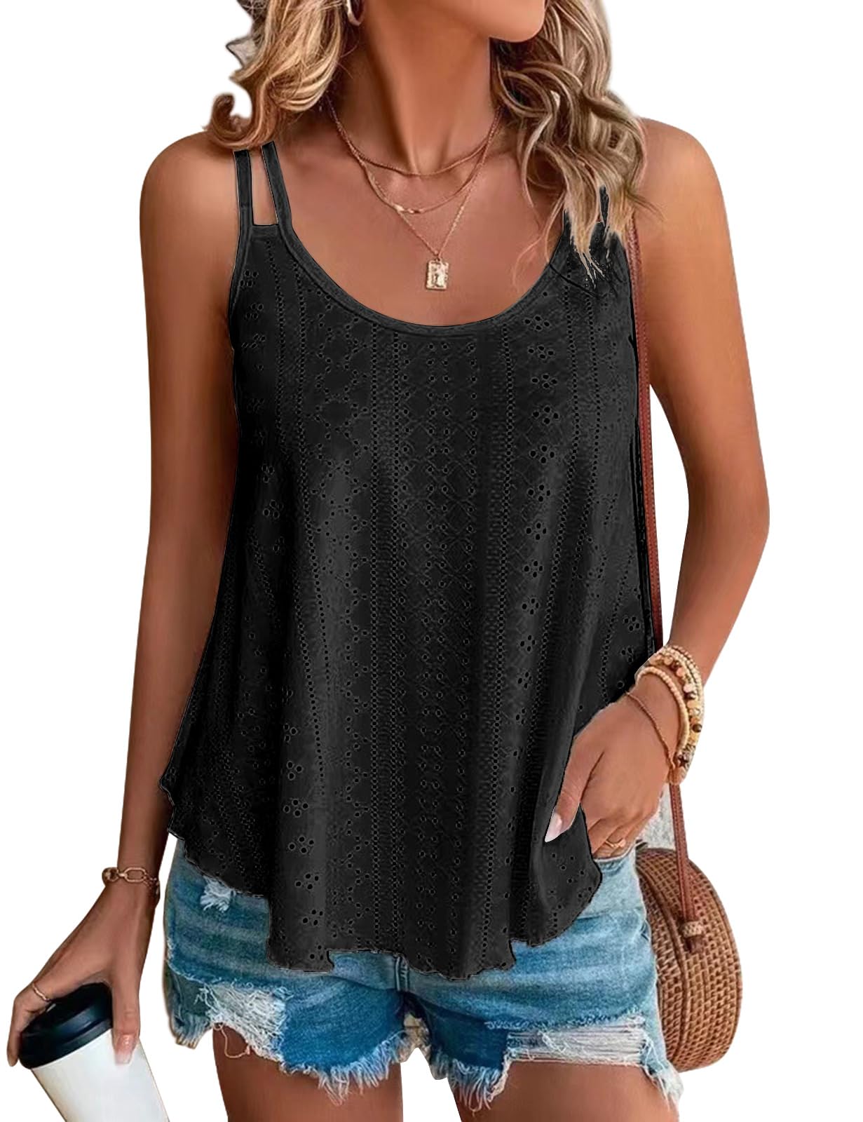 Niwicee Camiseta sin Mangas Mujer Verano Bordado con Ojales Camisetas Cuello en U Básicas Camisole sin Mangas Informal Espagueti Camisa Blusa Shirt Tank Top S-XL