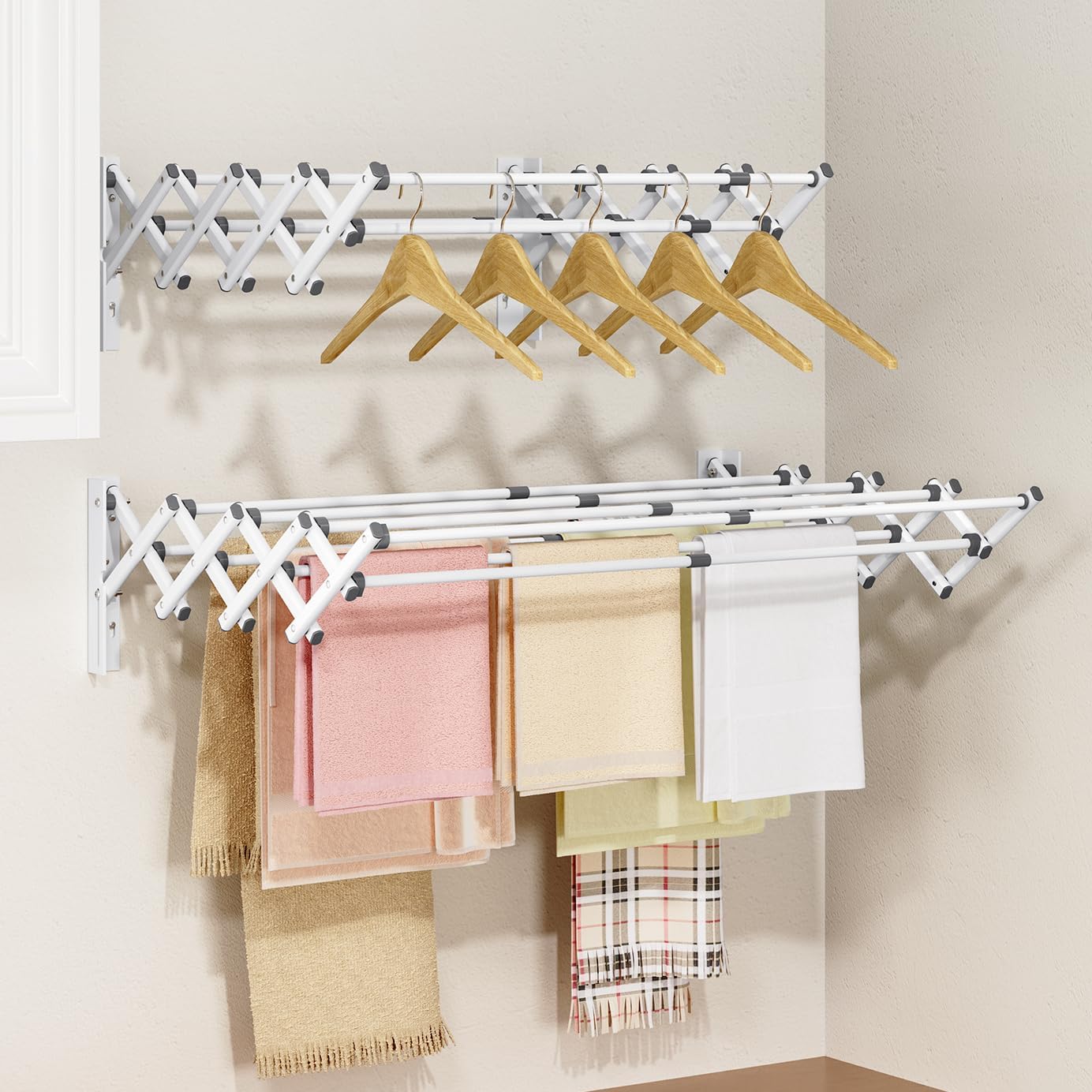 APEXCHASER Wall Mounted Clothes Drying Rack Laundry Drying Rack Retractable, Towel Racks Wall Mounted for Bathroom Balcony Laundry Room Indoor, Foldable Accordion Dryer Rack for Clothing, White