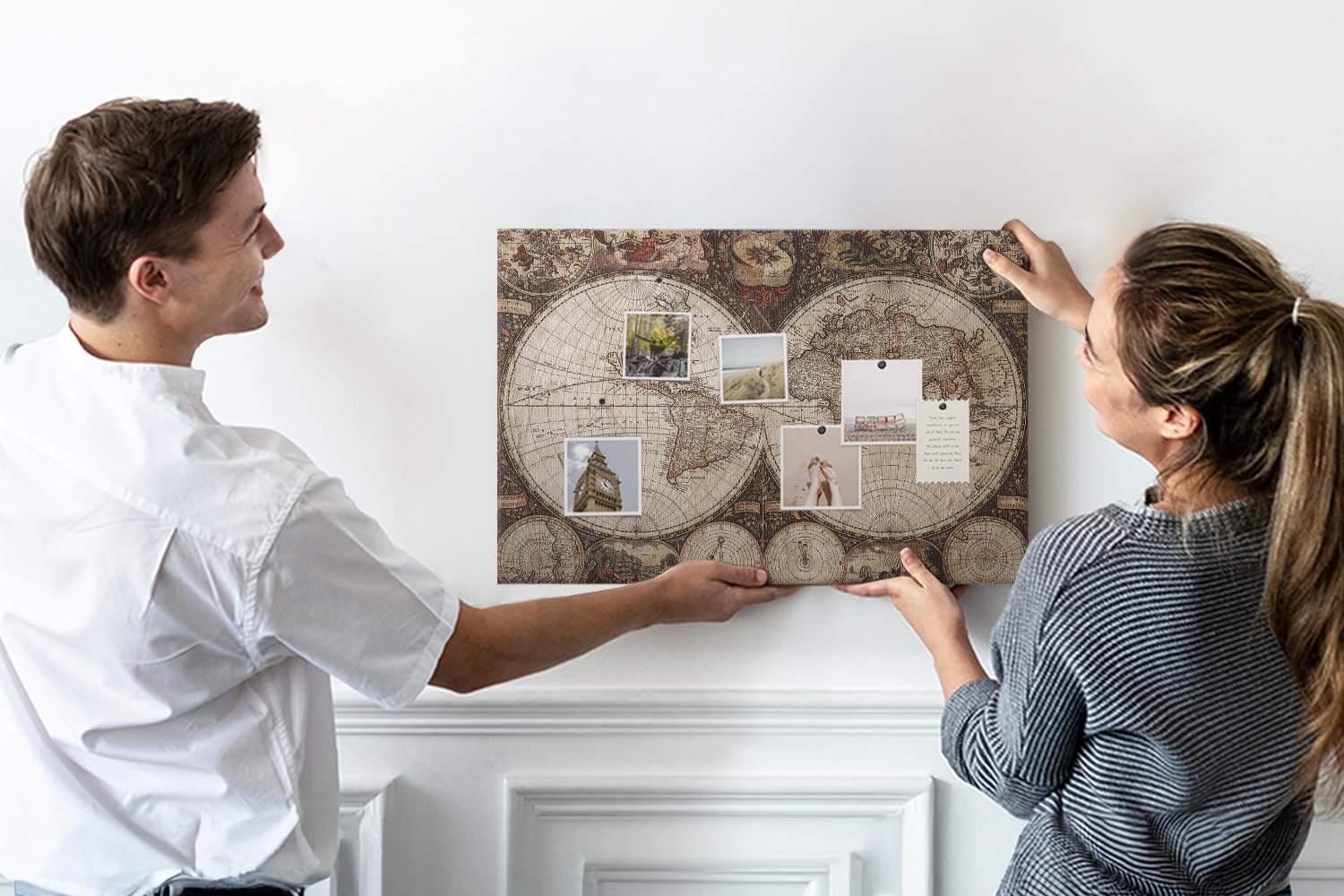 Kork Wandtafel Memoboard inkl. Reißnadeln | Übersichtliches Organisationssystem für Büro, Schule, Haushalt | Planung von Notizen, Fotos, Terminen, Aufgaben 60x40 - metallisch - Vintage-Weltkarte