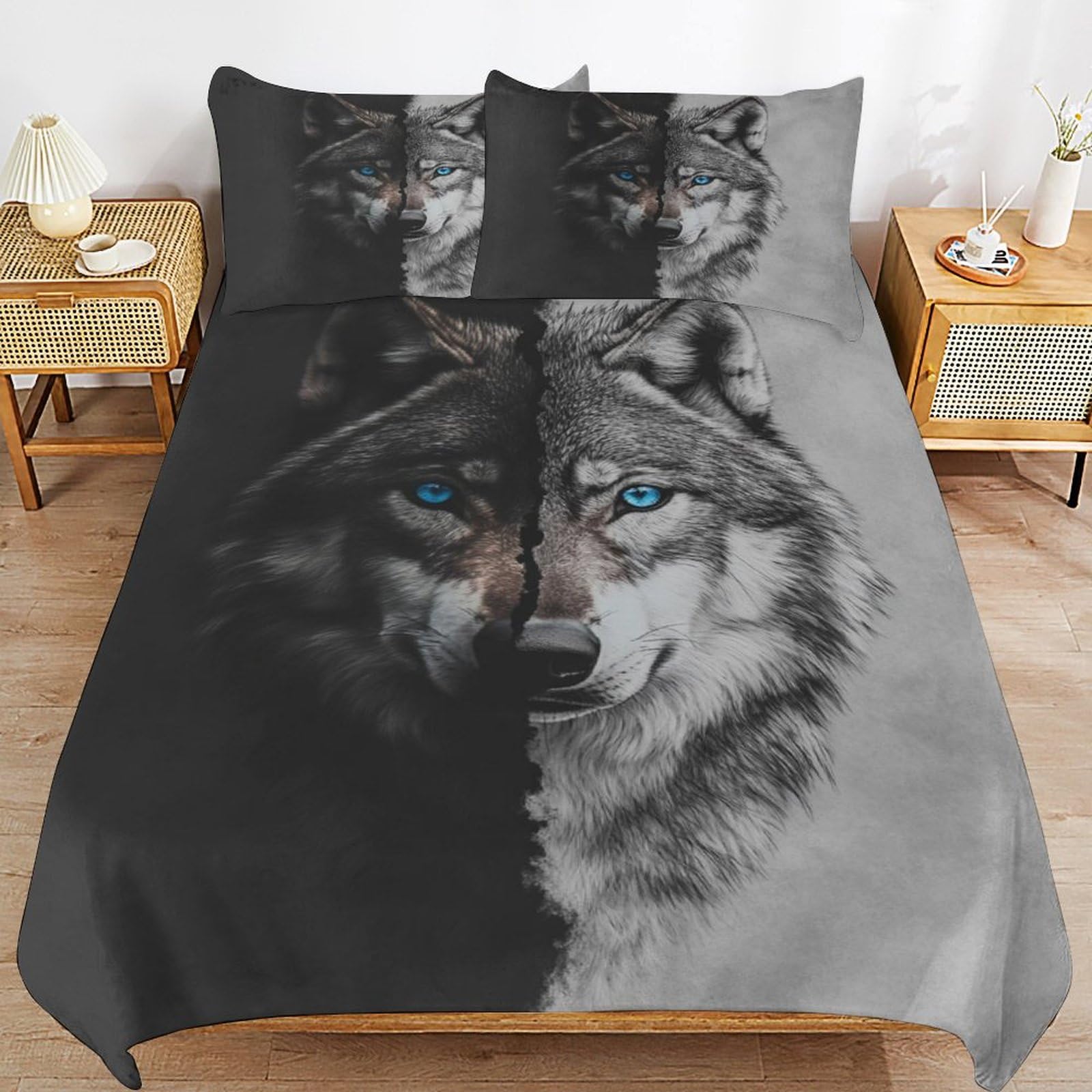 Housse de couette loup 135x200 cm avec ses deux taies pour lit enfant