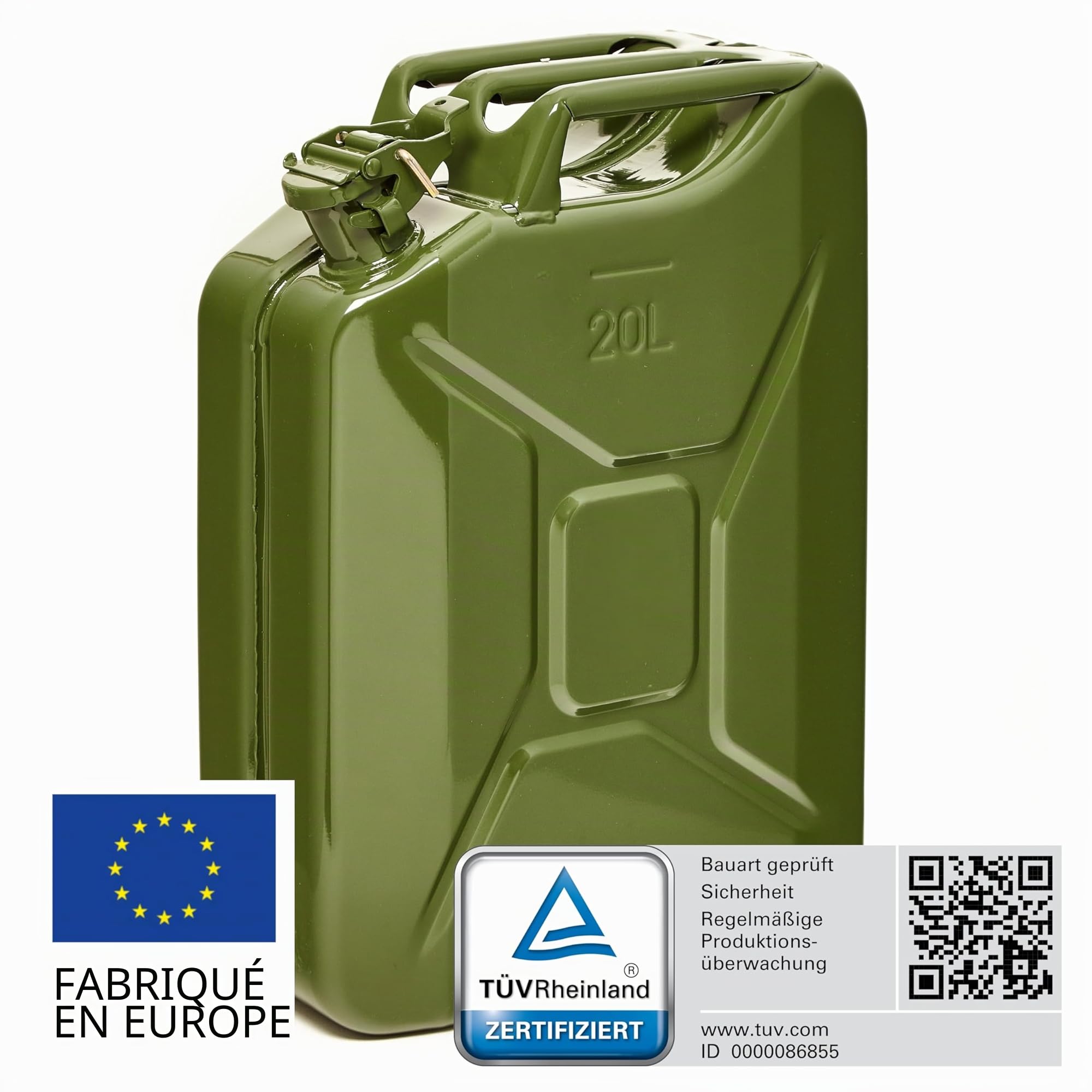 BW© Jerrican en métal pour carburant - 20 l - Vert olive - RAL 6003 - Certifié TÜV et homologation ONU - Fabriqué en Europe