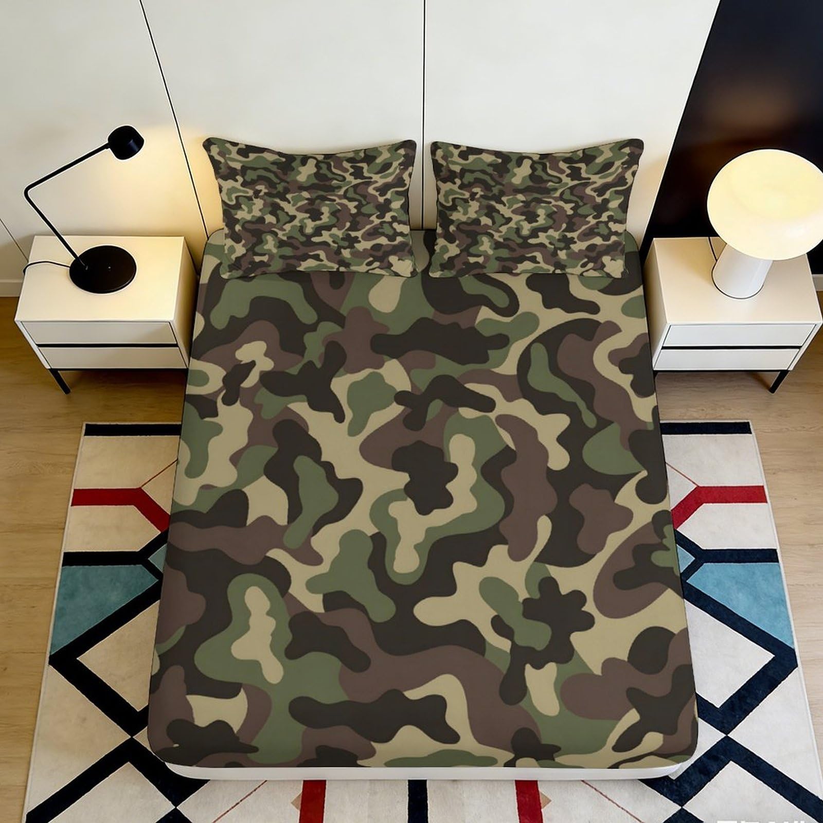3D Printed Camouflage Fitted Sheet Microfiber Soft Breathable Army Green Mattress Cover for Bedroom Dorm Decor 90x200x25cm