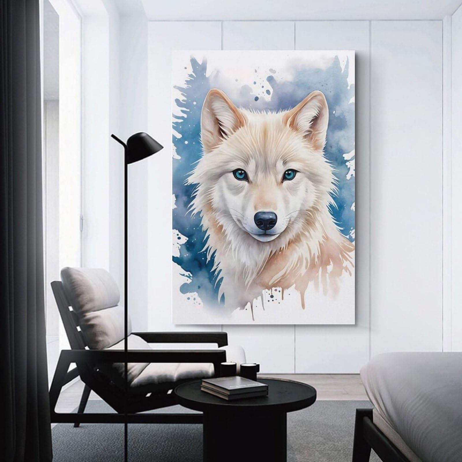 Junmoney Wall Art Print White Wolf Cute Watercolor, 20x30inch(50x75cm), for Home Lounge, Bedroom Or Reading Nook, Modern Wall Decor for Cosy Interiors