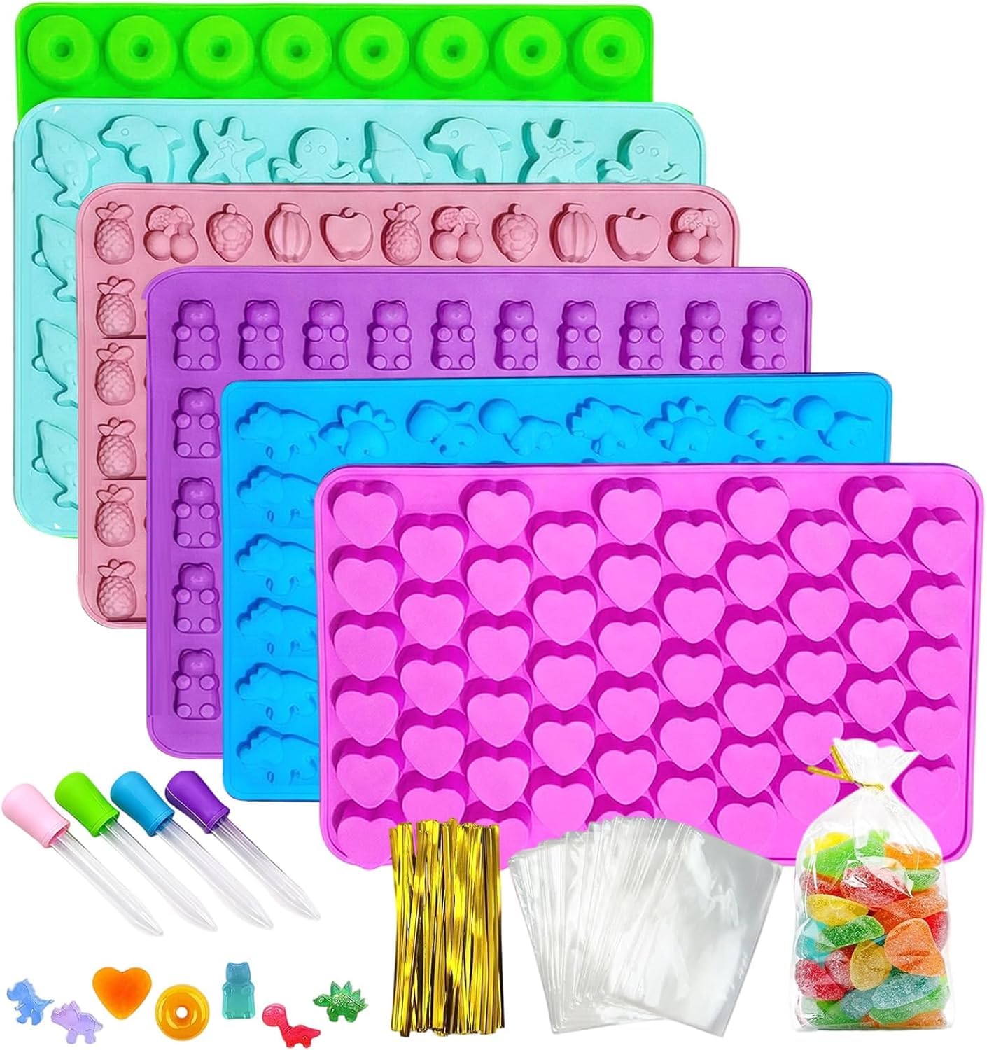6 Pezzi Stampi in Silicone per Caramelle, Stampi per Orsetti Gommosi con 4 Pipette + 50 Sacchetti di Caramelle per Fare Gommose Cioccolatini Caramelle Piccoli Cubetti di Ghiaccio