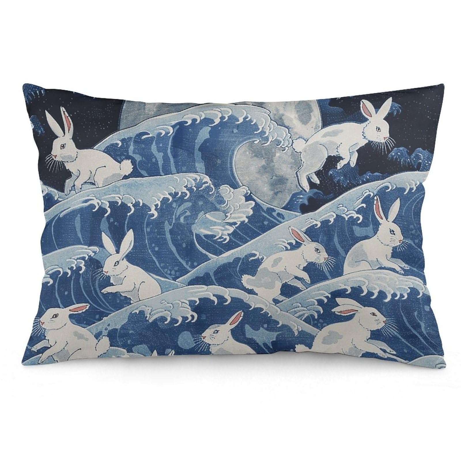 2 Pack Pillow Cases for Hair and Skin, Soft Breathable Pillow Case Covers with Hidden Zipper, White Rabbit and Waves Pillowcase 16 "x24 Pillow Covers for Sleeping Gift