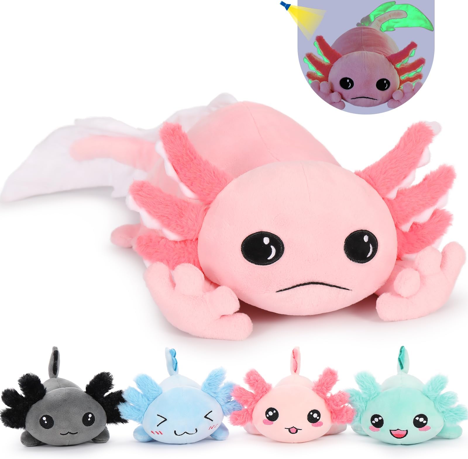 Tezituor Giant Axolotl Plush Stuffed Animal with 4 Babies, 31.5" Glow in the Dark Axolotl Pillow, Realistic Soft Salamander Plush Toy for Kids, Boys & Girls Birthday Gift