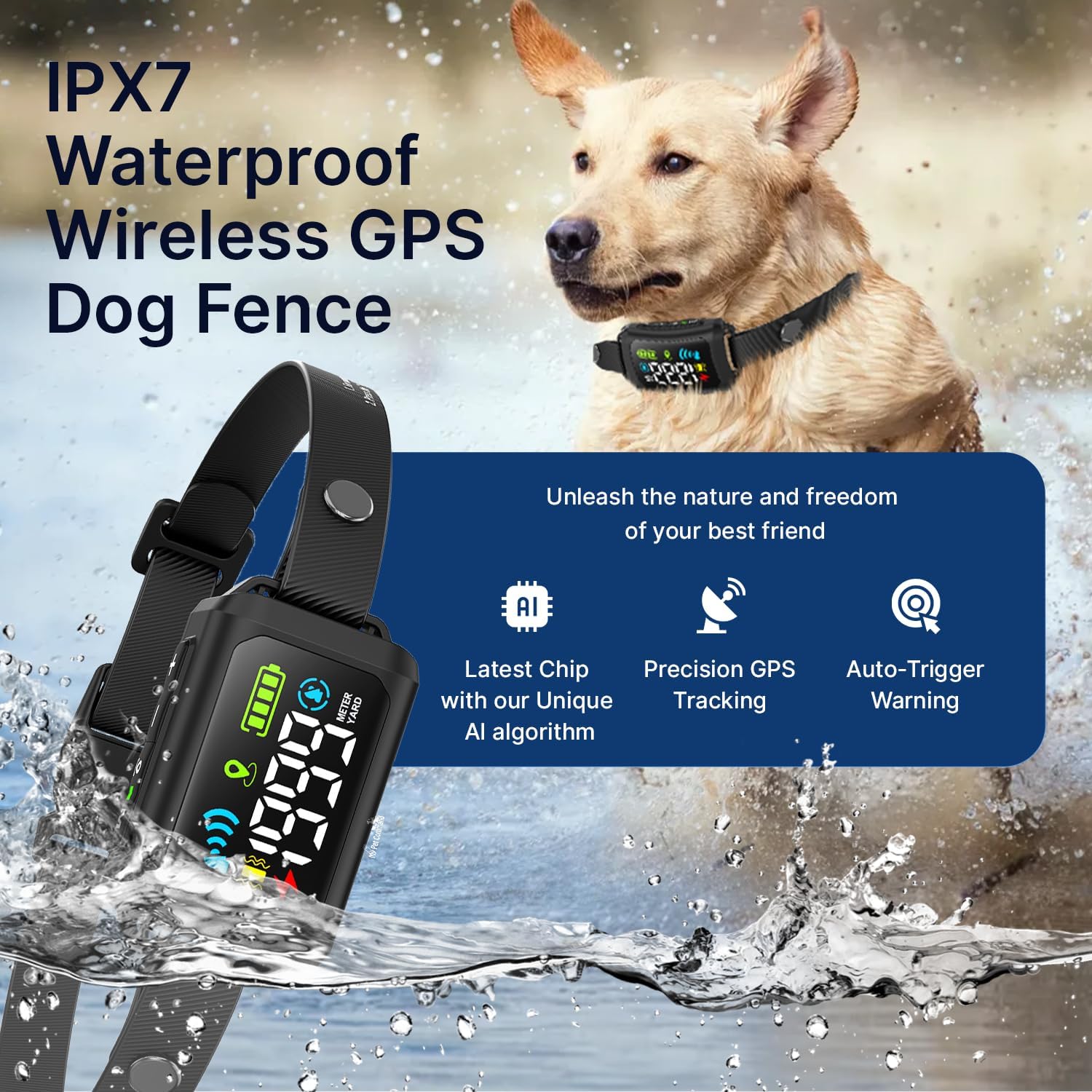 My Pet Command Wireless GPS Dog Fence No Wires & No Base Transmitter Outdoor Radius Coverage 33-1999 Yards IPX7 Waterproof Collar w/Tone, Vibrate & Safe Static Modes Fits Dogs 8″-28″ Neck (S to XL)