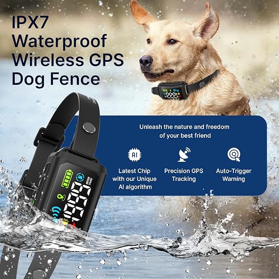 My Pet Command Wireless GPS Circular Dog Fence No Wires No Base Transmitter | Satellite Connection, Outdoor Coverage 33-1999 Yards, IPX7 Waterproof Collar, Tone, Vibrate, Static, Safe Modes, 8-28 Neck