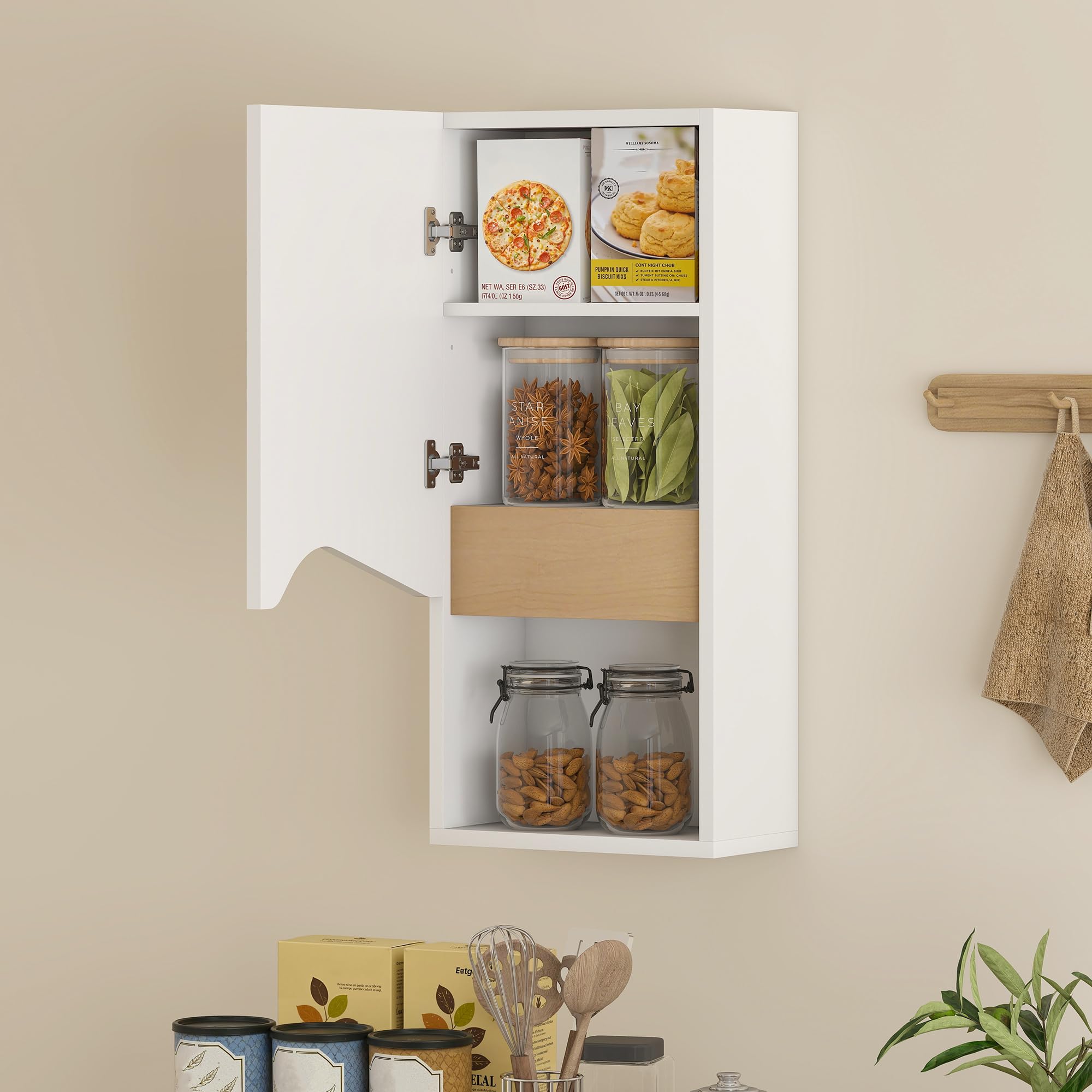 HOMCOM Badezimmerschrank Wandschrank Hängeschrank Badschrank mit Soft-Close-Tür, verstellbaren Ablagen und offenem Fach für Wohnzimmer Schlafzimmer 30 x 17 x 67 cm Weiß