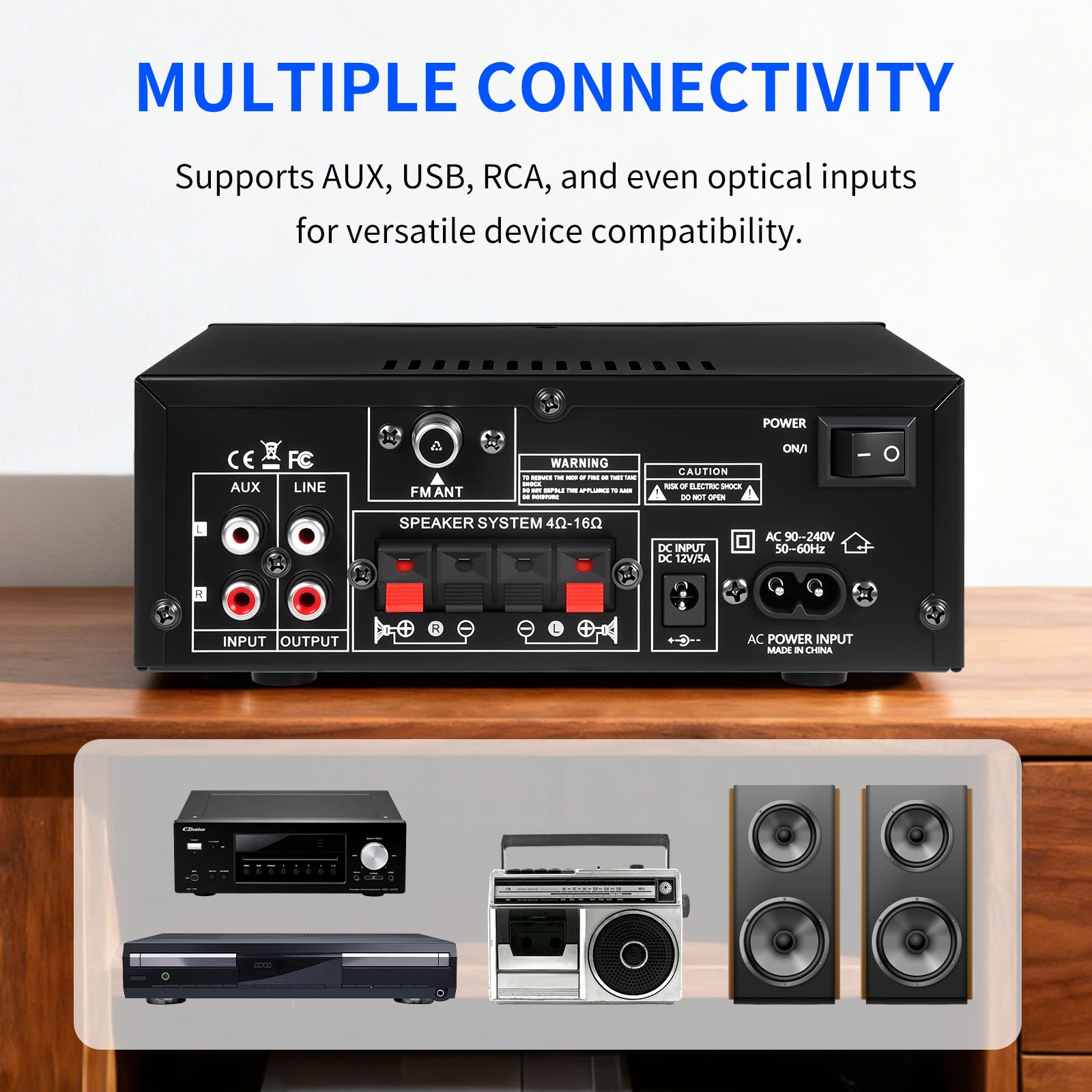 Amplificador de Audio Estéreo 2.0 Canales con Bluetooth 5.3, Radio FM y Micrófono - 1000W Pico (50W+50W RMS), Control de Graves/Agudos, Compatible con TV, Smartphone, Coche, PC y Karaoke