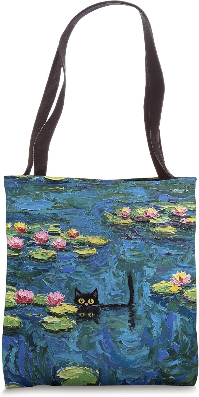 Adorable Black Cat in Water Lily Pond Tote Bag