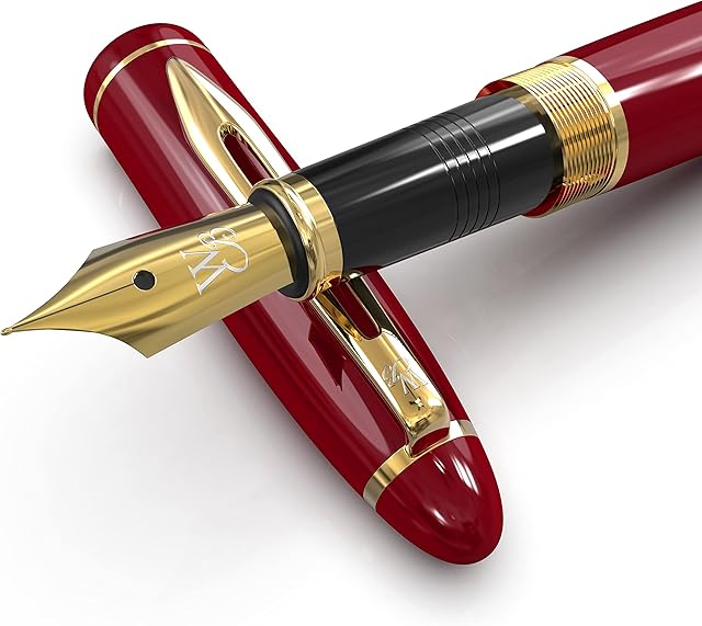 Wordsworth & Black Majesti Fountain Pen-(Red), Luxury Case, Gold Finish, 18K Gilded Medium Nib- Ink Cartridges, Refillable Ink Converter-Calligraphy Pen-Best Business Gift Set for Men & Women