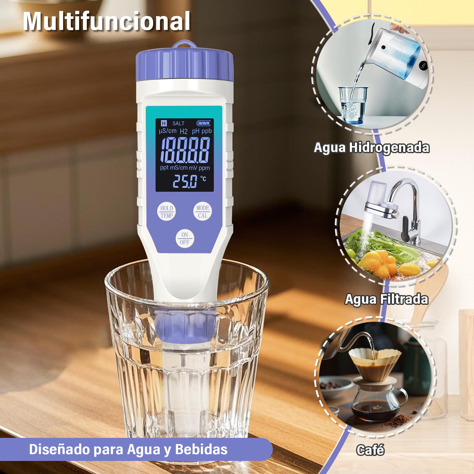 Tester per Acqua Idrogenata, 7-in-1 H2 TMEP EC TDS ORP SALE pH-Metro per Bottiglie di Acqua Idrogenata, Misuratore TDS Digitale per Test Acqua Potabile, Acqua Filtrata, Misuratore pH per Succo