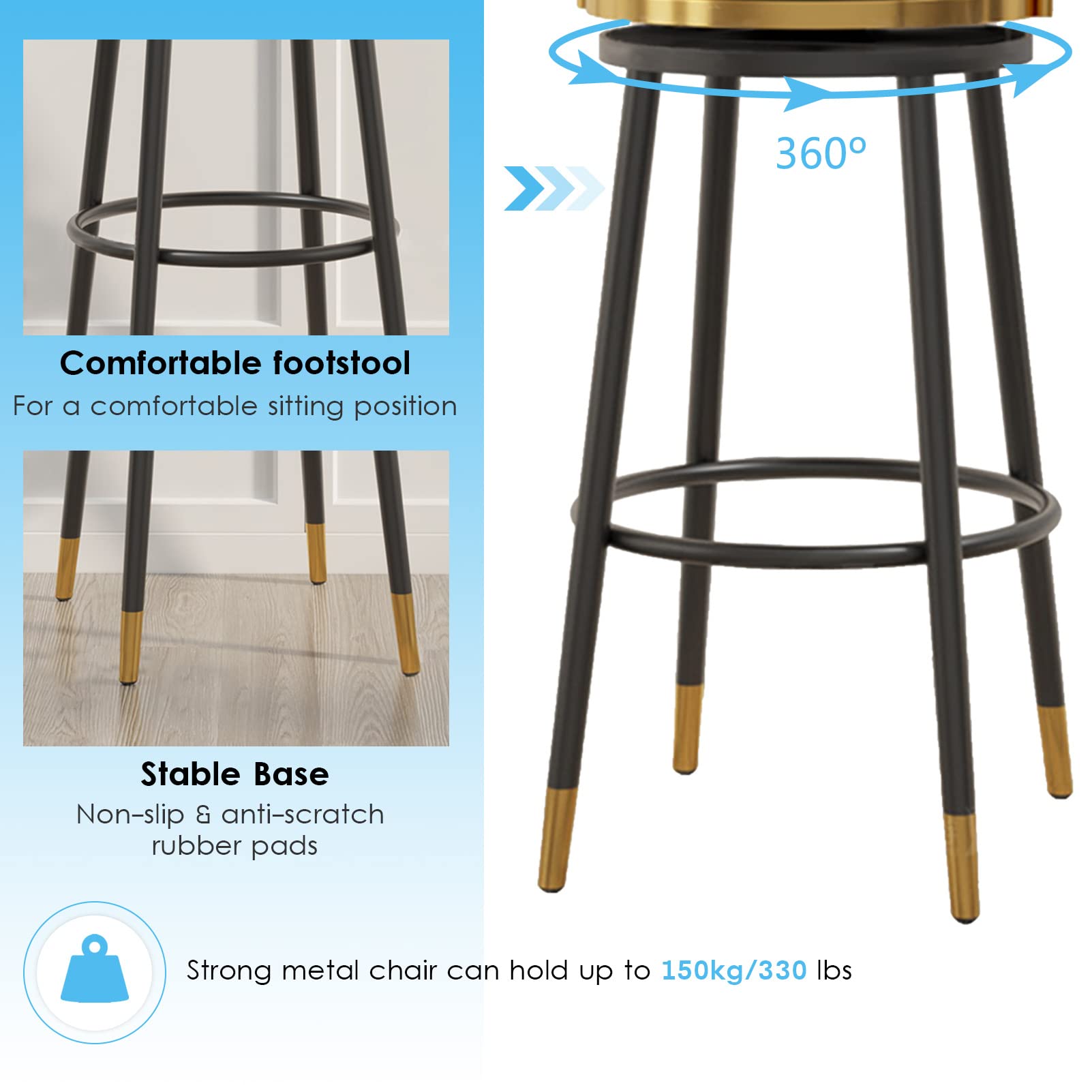 Tabourets de Bar pivotants Modernes - Chaises de Salle à Manger en Velours avec Dossier, Hauteur comptoir, Repose-Pieds doré/Noir, élégantes pour Bar et îlot de Cuisine, Ensemble de 2 pièces