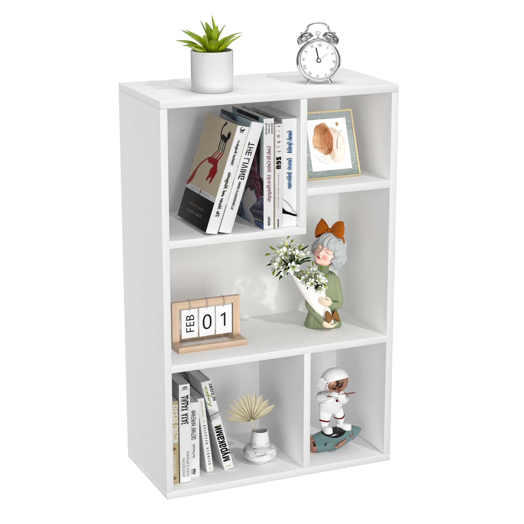 VECELO Small White Bookshelf, 5 Cube Shelf, Fits Tallest Hardcovers, Horizontal Available, Storage Organzier for Home Office,White