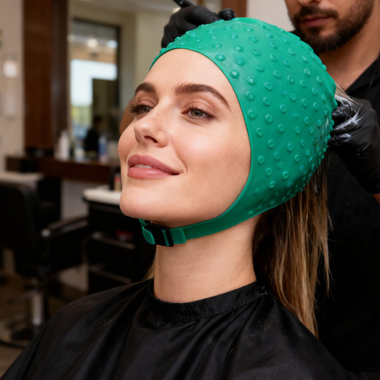Bonnet de Coloration en Silicone Vert avec Aiguilles Perforées pour Mèches Kit Professionnel pour Décoloration et Soins Capillaires à Domicile et Salon Outil Solide et Souple