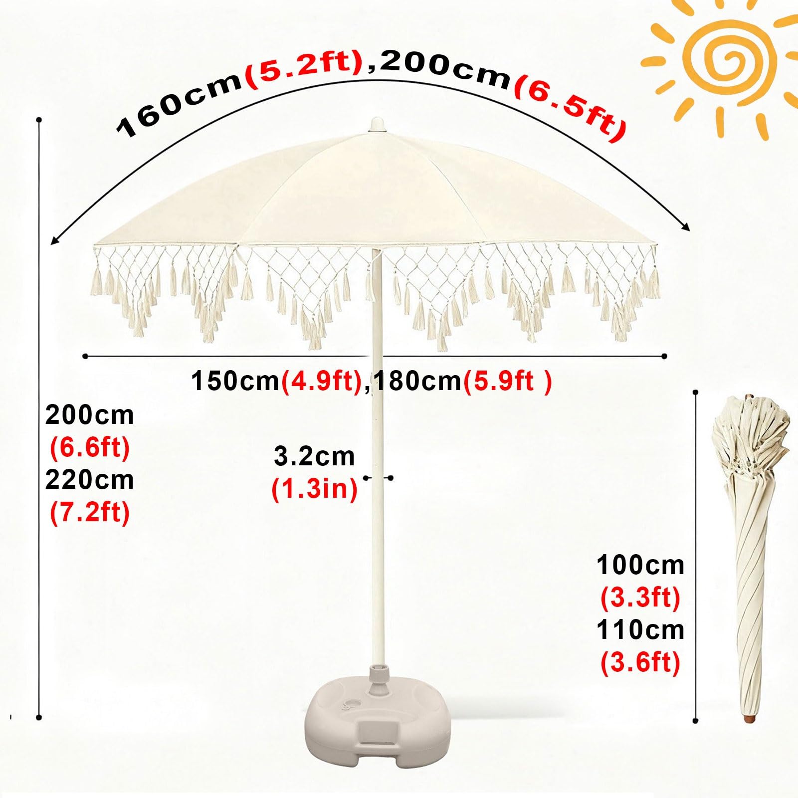 2.0m Sombrilla de Patio con Flecos | Sombrilla de Playa a Prueba de Rayos UV para Exteriores | Sombrilla de Flecos para Jardín Terraza Piscina y Terraza | Anti Viento