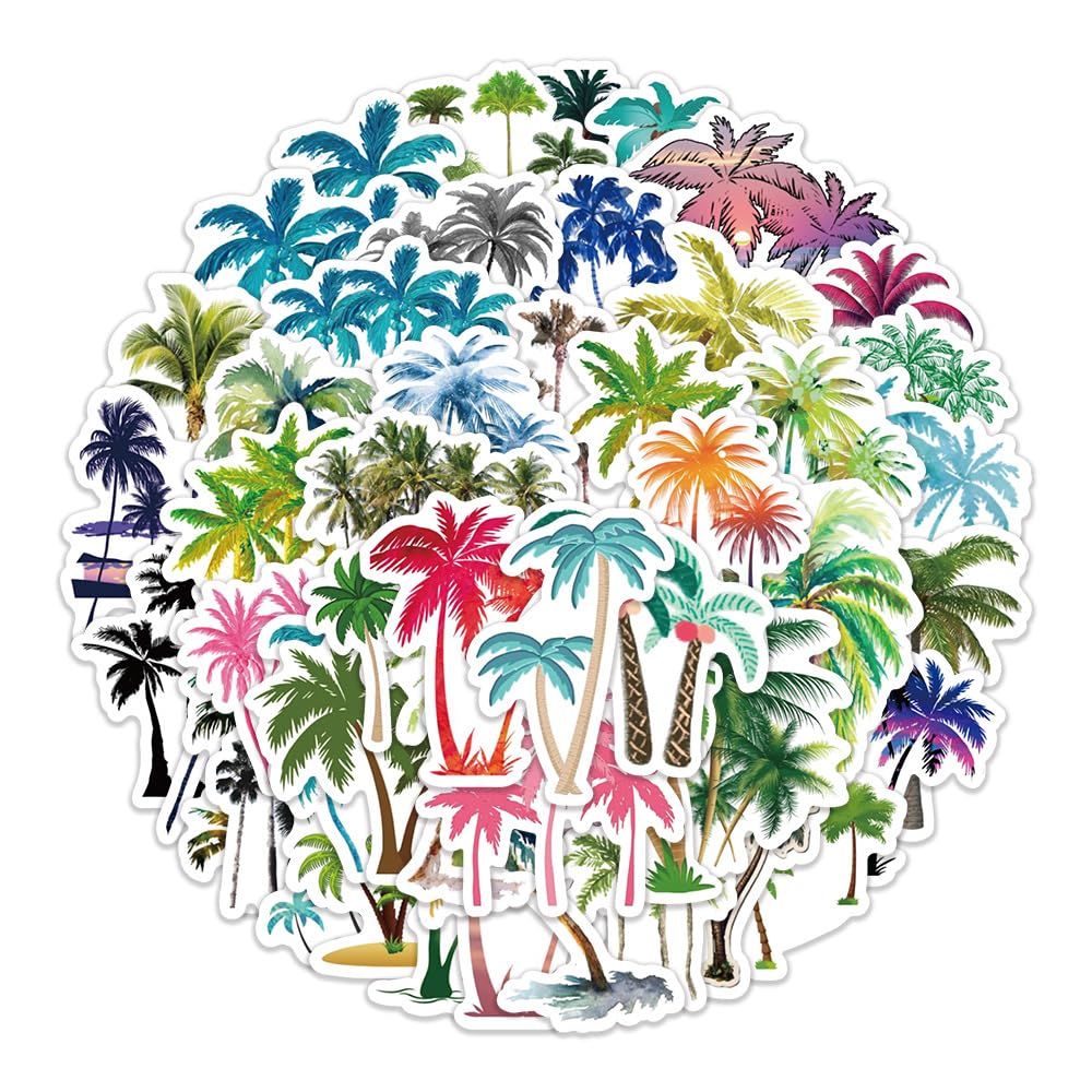 TUIOBUN 50PCS Palm Tree Stickers for Bumper,Helmet,Notebook,Luggage,Laptop,Scrapbook,Water Bottle,Tropical Plant Cute Waterproof Vinyl Sticker,Teens Girls Adults Decal,Aesthetic Graffiti Decals