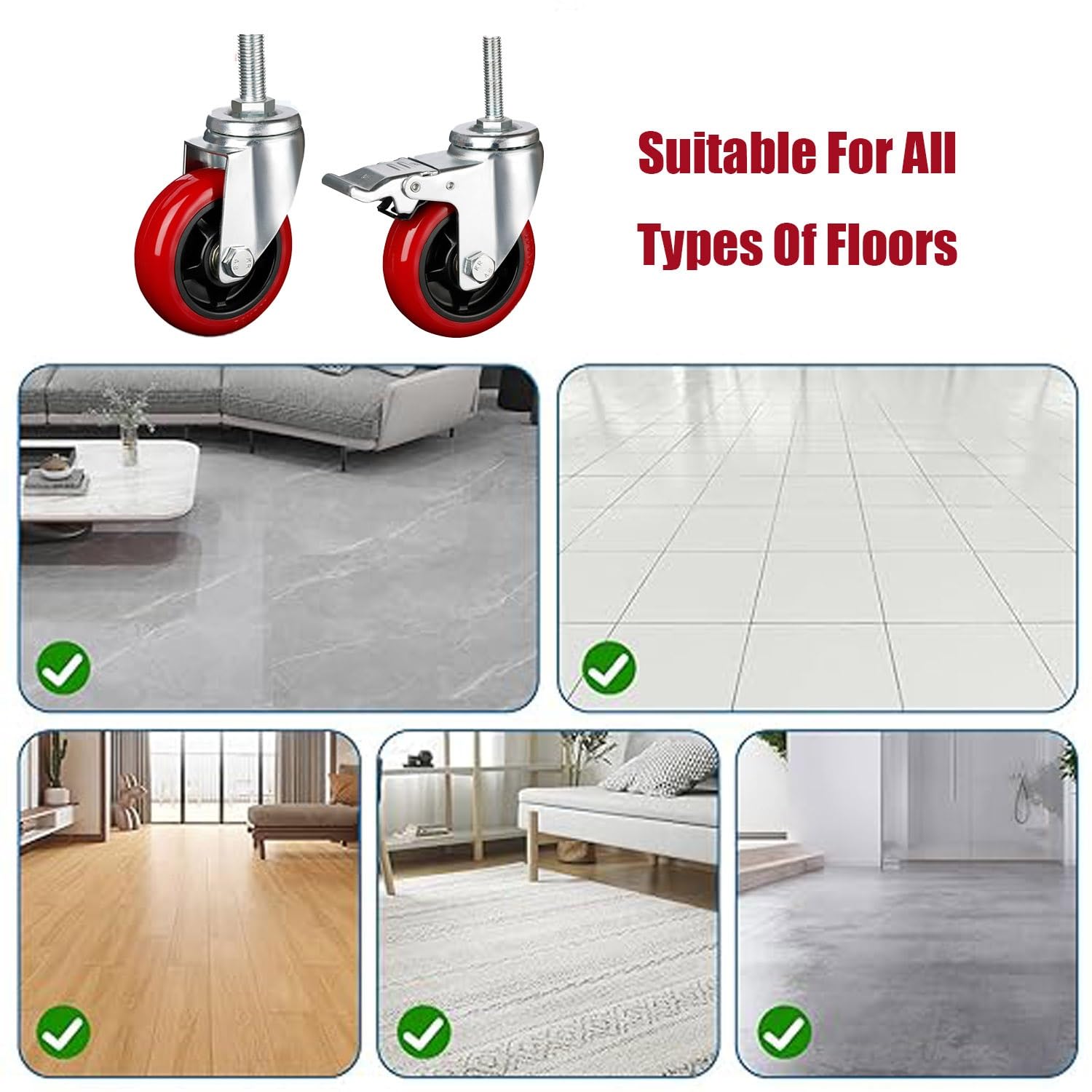 Set 4 ruote girevoli industriali M10x25mm, PVC con freno 75 100m,Swivel,100mm