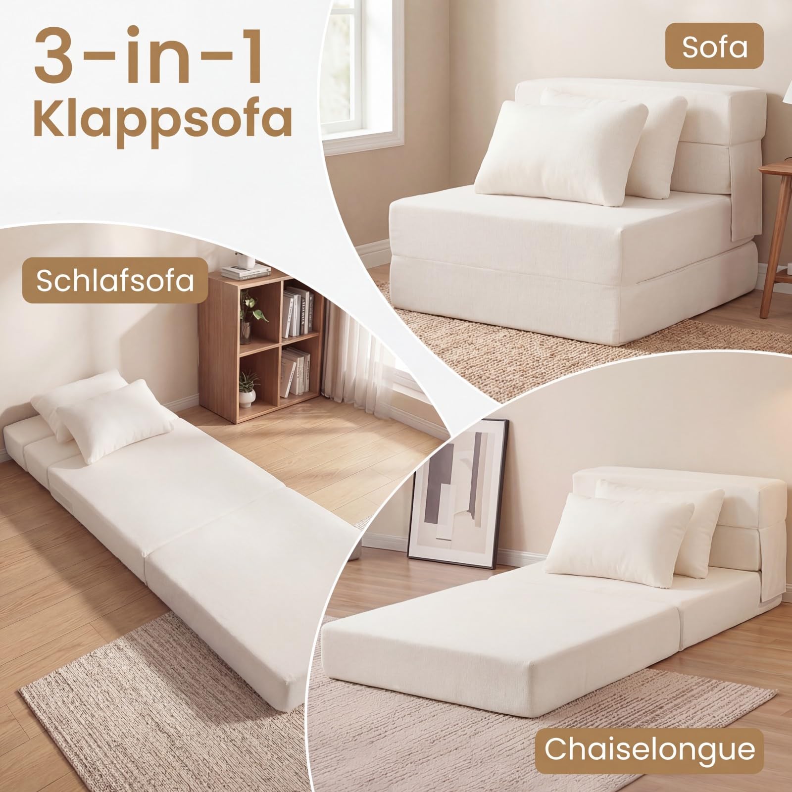 COSTWAY Schlafsofa Klappbar, 3-in-1 Bodensofa mit Schlaffunktion, Schlafsessel aus Chenille-Stoff inkl. 2 Kissen, Sofabett für Wohnzimmer, Schlafzimmer, Home Office (Beige,1-Sitzer)