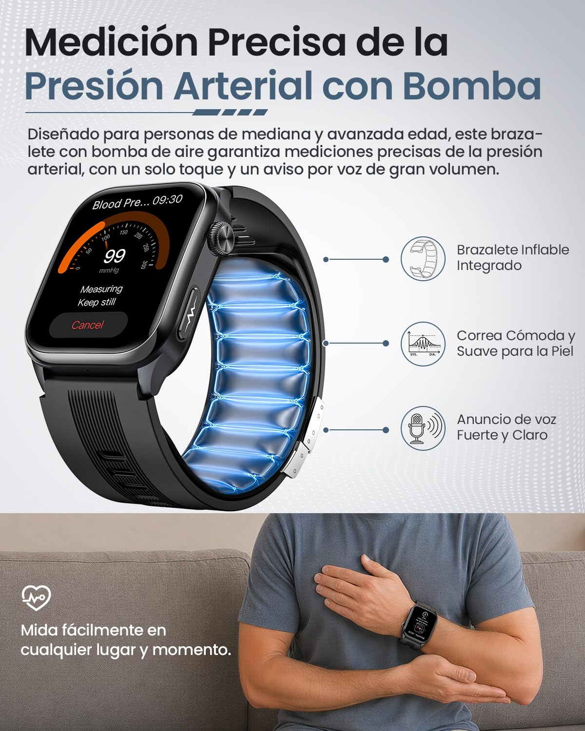FOSMET S101 Reloj Inteligente Hombre Presión Arterial, 24H ECG HRV, Negro | 2.06" AMOLED Smartwatch Salud, SpO2, IMC, Frecuencia Cardíaca, Monitor de Sueño, Estrés, Llamadas Bluetooth con Android e iOS