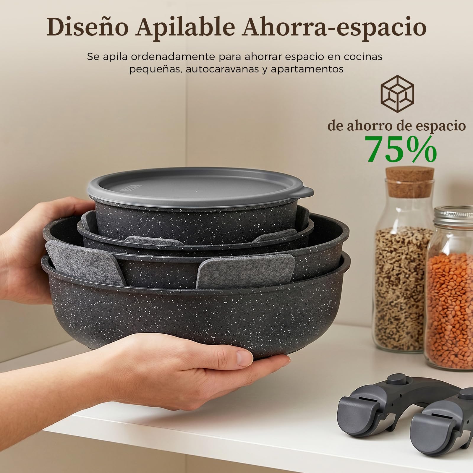 YASHE Batería de cocina 15 piezas, inducción, atóxica, sin PTFE ni PFAS | Juego de Sarténes Atóxica con Mango Extraíble, Apilable y Ahorro de Espacio, para Caravana, Sin PFOA
