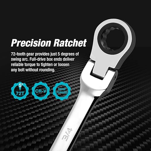 Miniatura 5 de Duratech - Juego de llaves de trinquete extralargas de doble caja, SAE, 5 piezas, 5/16 pulgadas a 13/16 pulgadas, acero cromo vanadio con