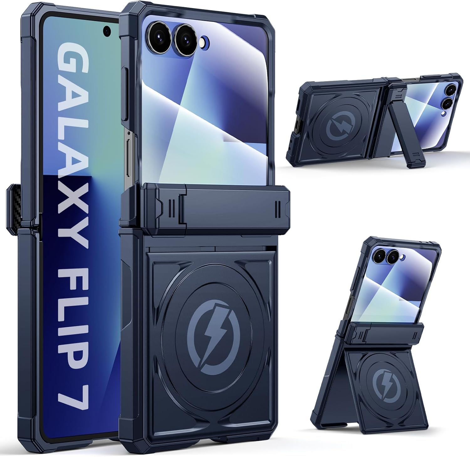 for Samsung Galaxy Z Flip 7 Case with Hinge Protection, MagSafe Compatible, Hidden Dual Foldable Kickstand, Wireless Charging Support, Built-in Screen Protector, Shockproof Cover - Blue