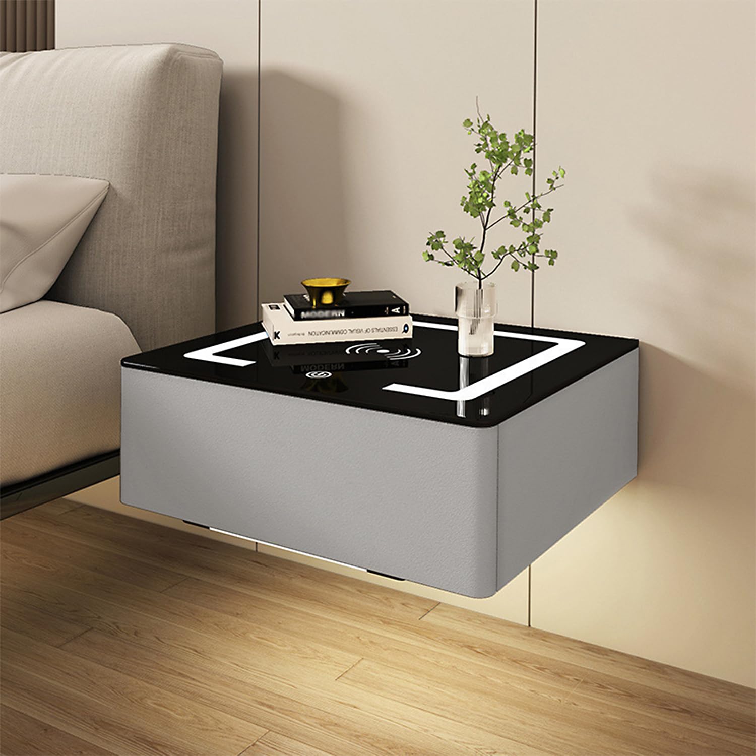 Comodino Moderno sospeso con cassetto, Comodino da Parete e Stazione di Ricarica, Design Intelligente con sensore Automatico, Grigio Chiaro, Ideale per Soggiorno e Camera da Letto, 40 cm/16