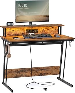 VASAGLE Schreibtisch, Gaming Tisch mit eingebauter Steckdosenleiste, Computertisch, mit Monitorständer für 2 Monitore, Schlafzimmer, 60 x 100 x 76 cm, vintagebraun LWD191K01
