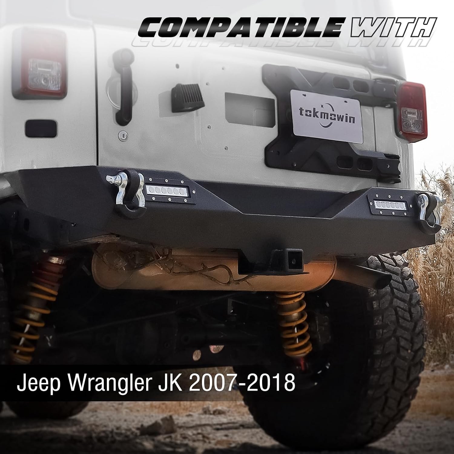 Rear Bumper Compatible with 2007-2018 Jeep Wrangler JK, Rock Crawler Bumper w/2" Hitch Receiver & 2 X 18W LED Lights & 2 X D-Rings, Textured Black