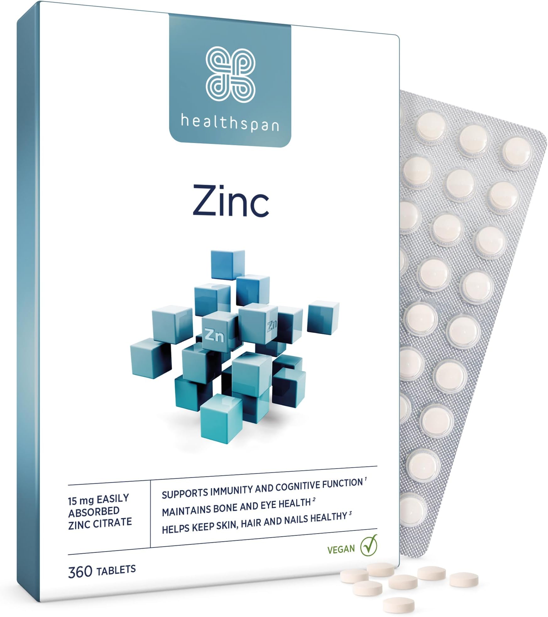 Healthspan Zinc with Vitamin C (360 Tablets) | Immune Health | Bones, Eyes, Skin, Hair & Nails | 15mg Zinc & 80mg Vitamin C per Tablet | Easily Absorbable | One-A-Day | Easy to Swallow | Vegan