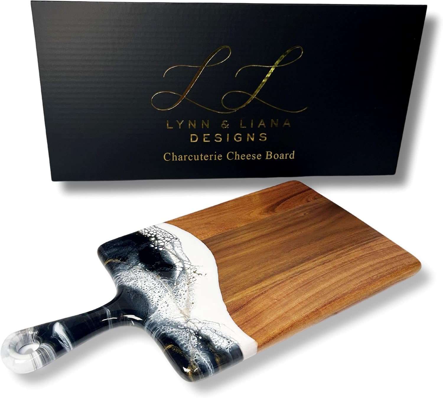 Lynn & Liana Medium Acacia Cheese Board | Wood Resin Cutting Board | Luxury Charcuterie Board for Serving | Handmade Cutting Board | 8 in x 16 in - Onyx