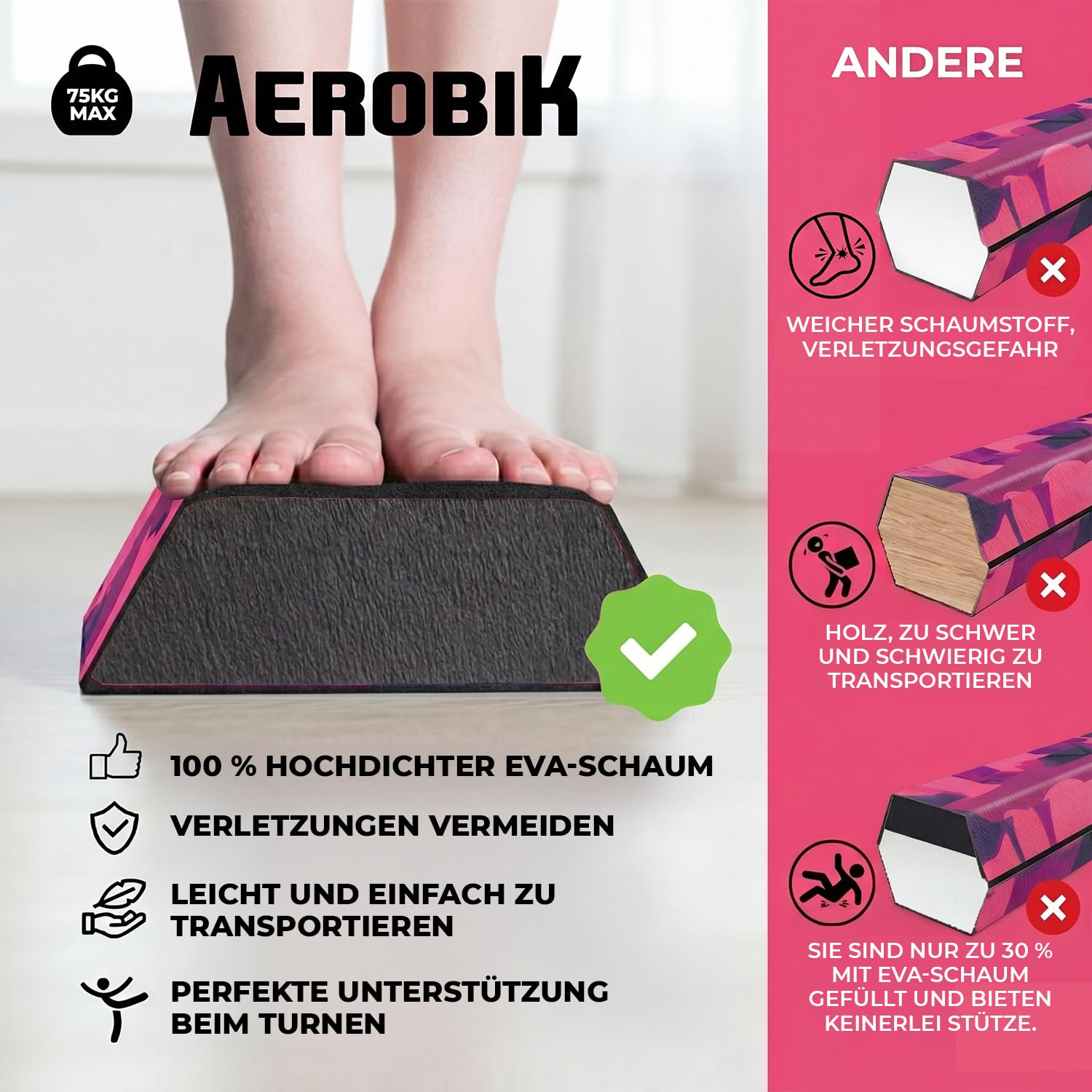Aerobik | Klappbarer Schwebebalken 240 cm Violett | Stabil, rutschfest & Waschbar | Für Kinder & Erwachsene | Inklusive Gymnastikband | Original Corner
