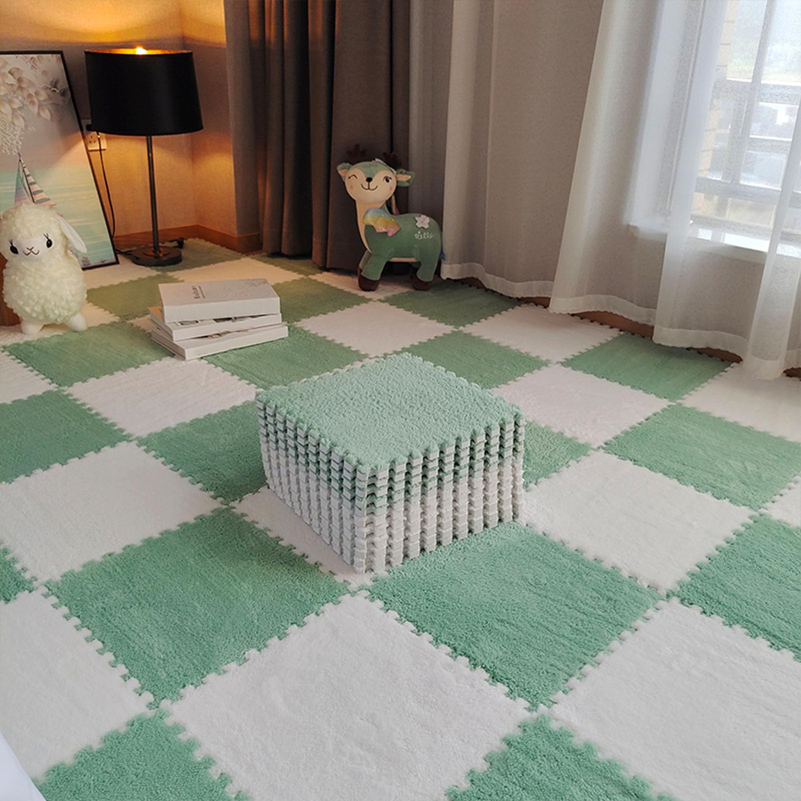 tappetini in schiuma, Tappetino in schiuma ad incastro puzzle con bordo 12x12 pollici multicolor di dimensioni multiple(White+light Green,30Pcs)