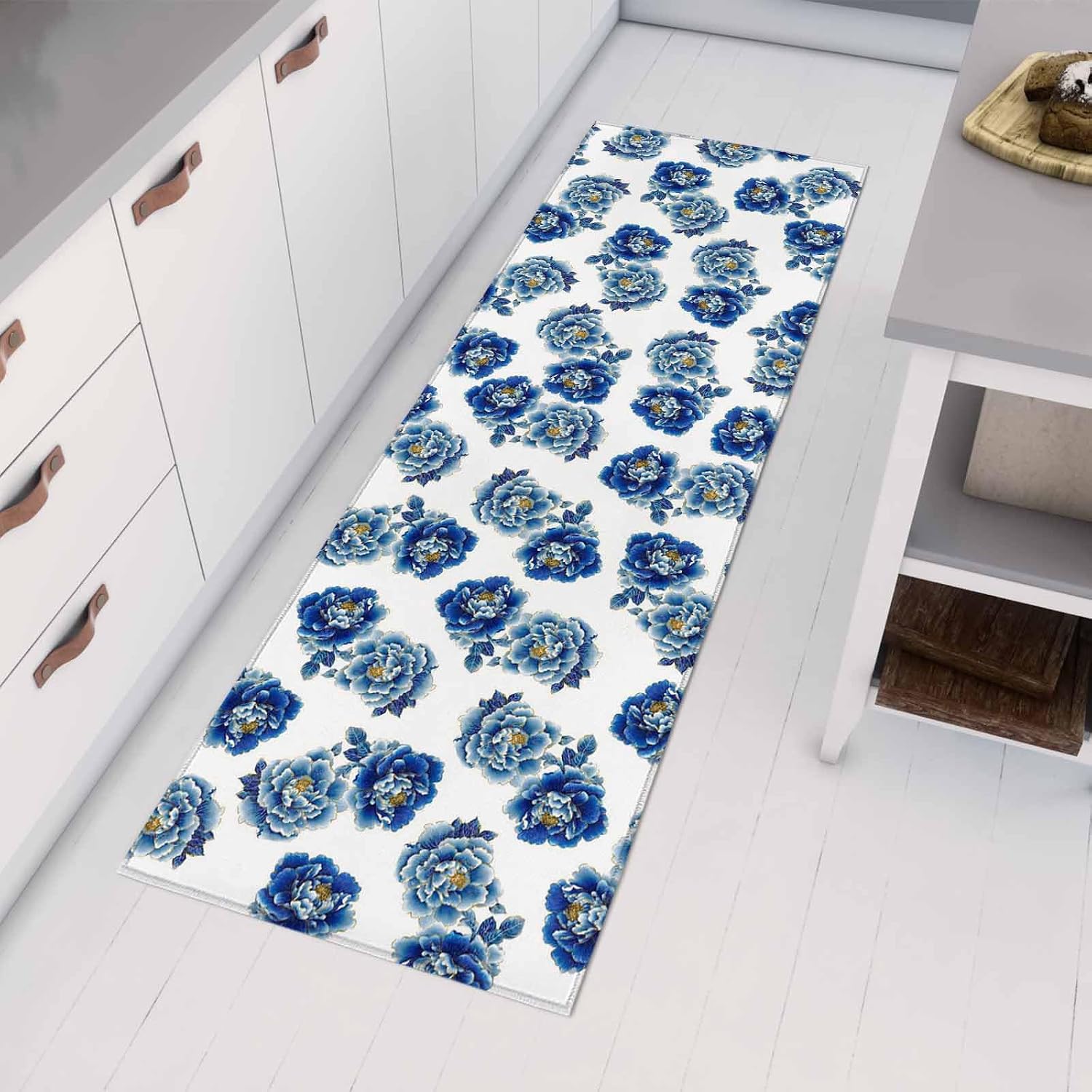 Teamery Kitchen Mats for Floor Farmhouse Peony Flower Washable Non Slip Kitchen Rugs 1PCS, Summer Blue Ombre Floral Seamless Absorbent Standing Mats for Sink Bathroom Office Living Room 15.7x47.2in