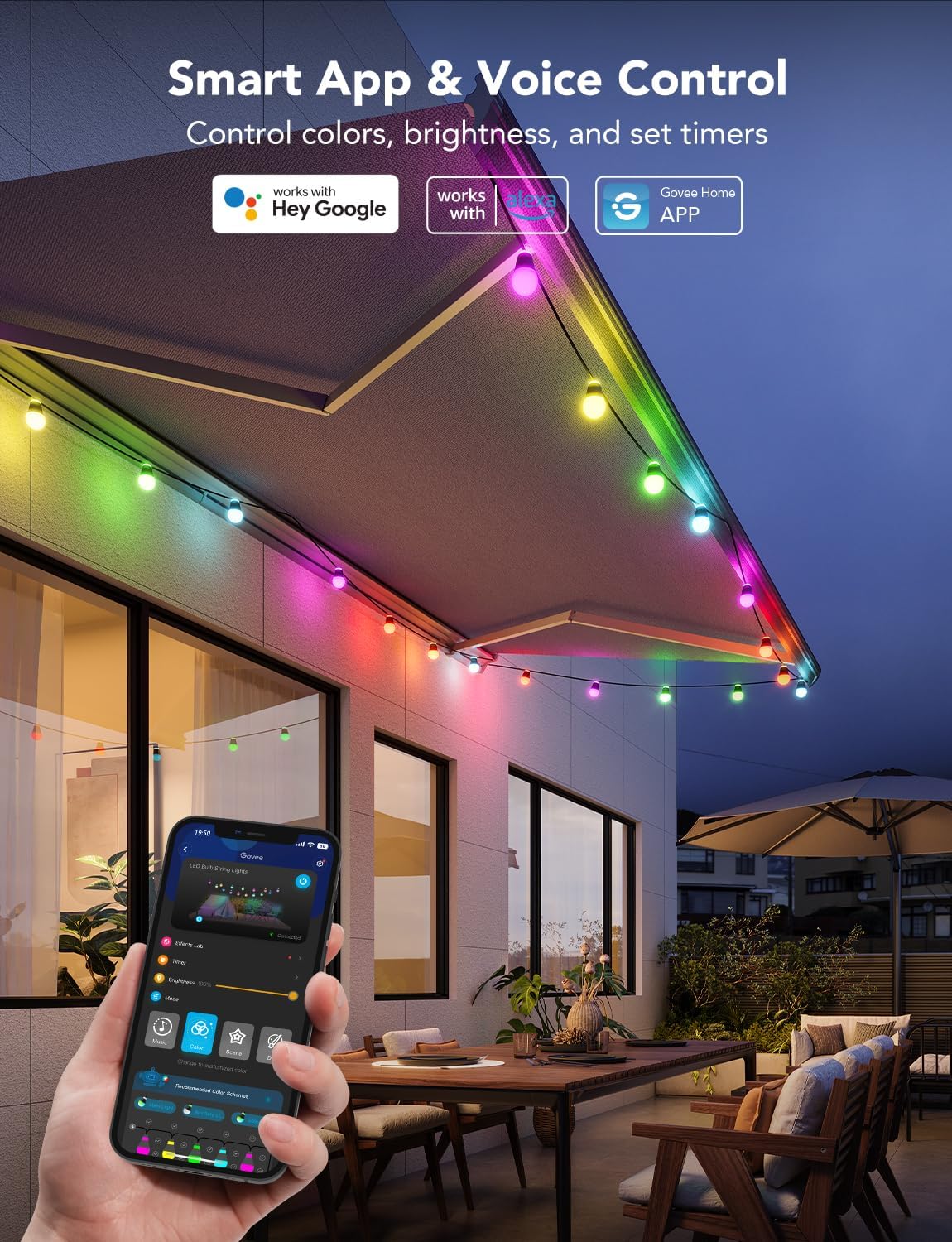 50ft RGBIC Smart Outdoor String Lights with Dimmable LED Bulbs