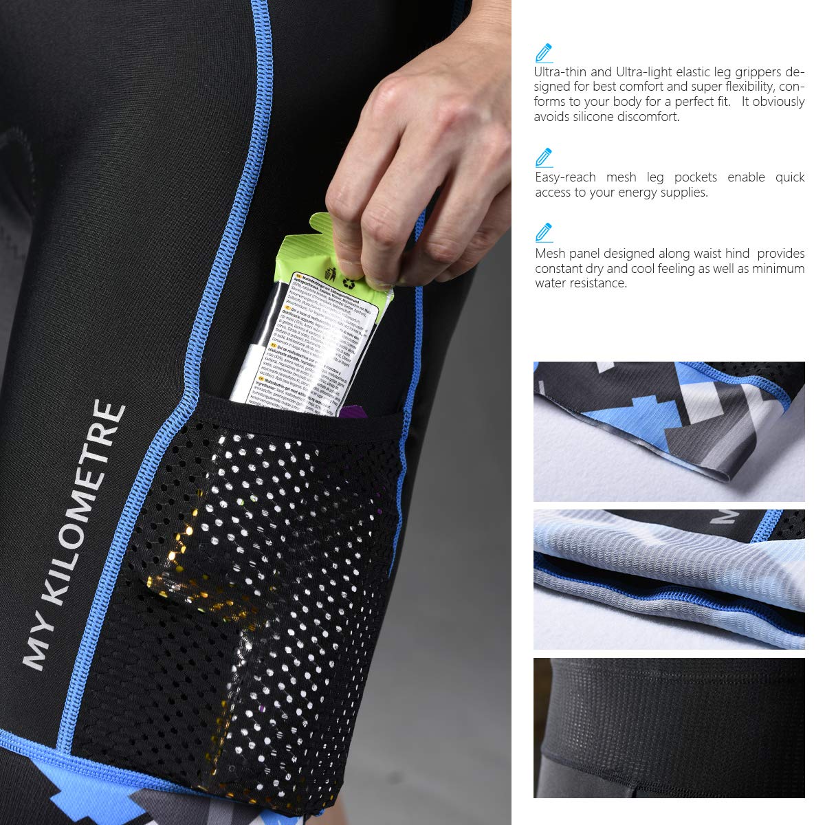 Short de Triathlon Homme MY KILOMETRE – Cuissard Cyclisme Respirant Séchage Rapide Confort Longue Distance Compétition 2 Poches Latérales