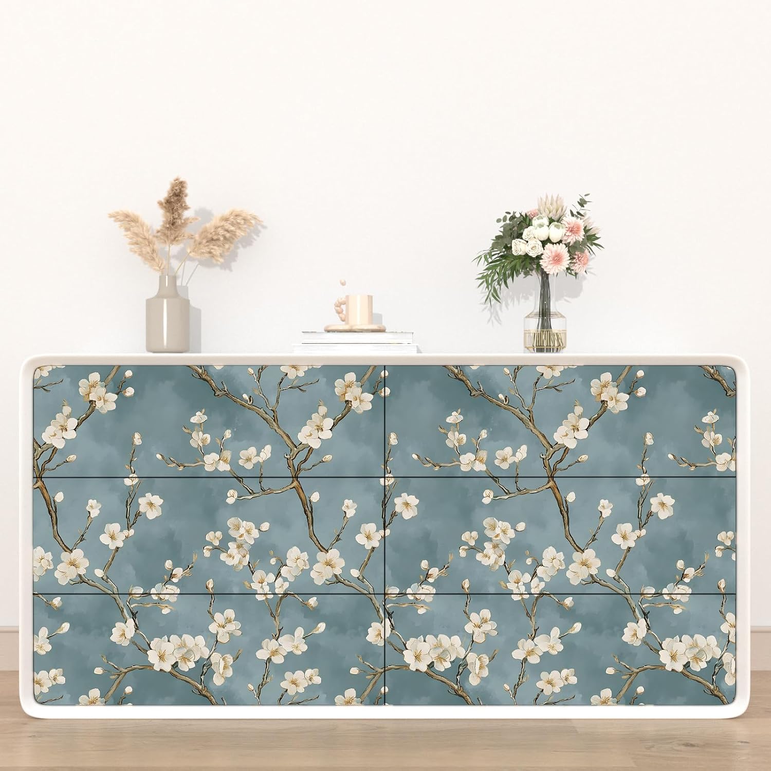 Vintage Floral Wallpaper Peel and Stick Blue White Flowers Contact Paper Vinyl Self Adhesive Removable Retro Cherry Blossom Wall Mural Wall Paper for Room Walls Shelve Cabinet Table Decor 17.5" x 393"