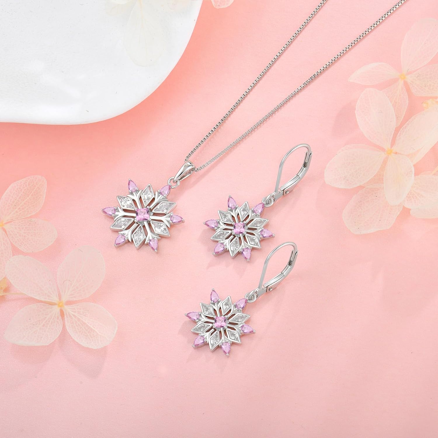 Snowflake Necklace for Women 925 Sterling Silver 5A Cubic Zirconia Birthstone(White/Aquamarine/Pink) Pendant Necklace Jewelry Winter Christmas Birthday for Her - Image 3