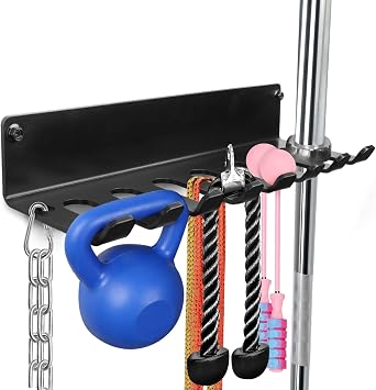 Gym Rack Organizer, Home Gym Accessories Hanger, Wall Mount Hooks for Olympic Barbells, Row Handles, Bats or Tools E-Book Instruction Included
