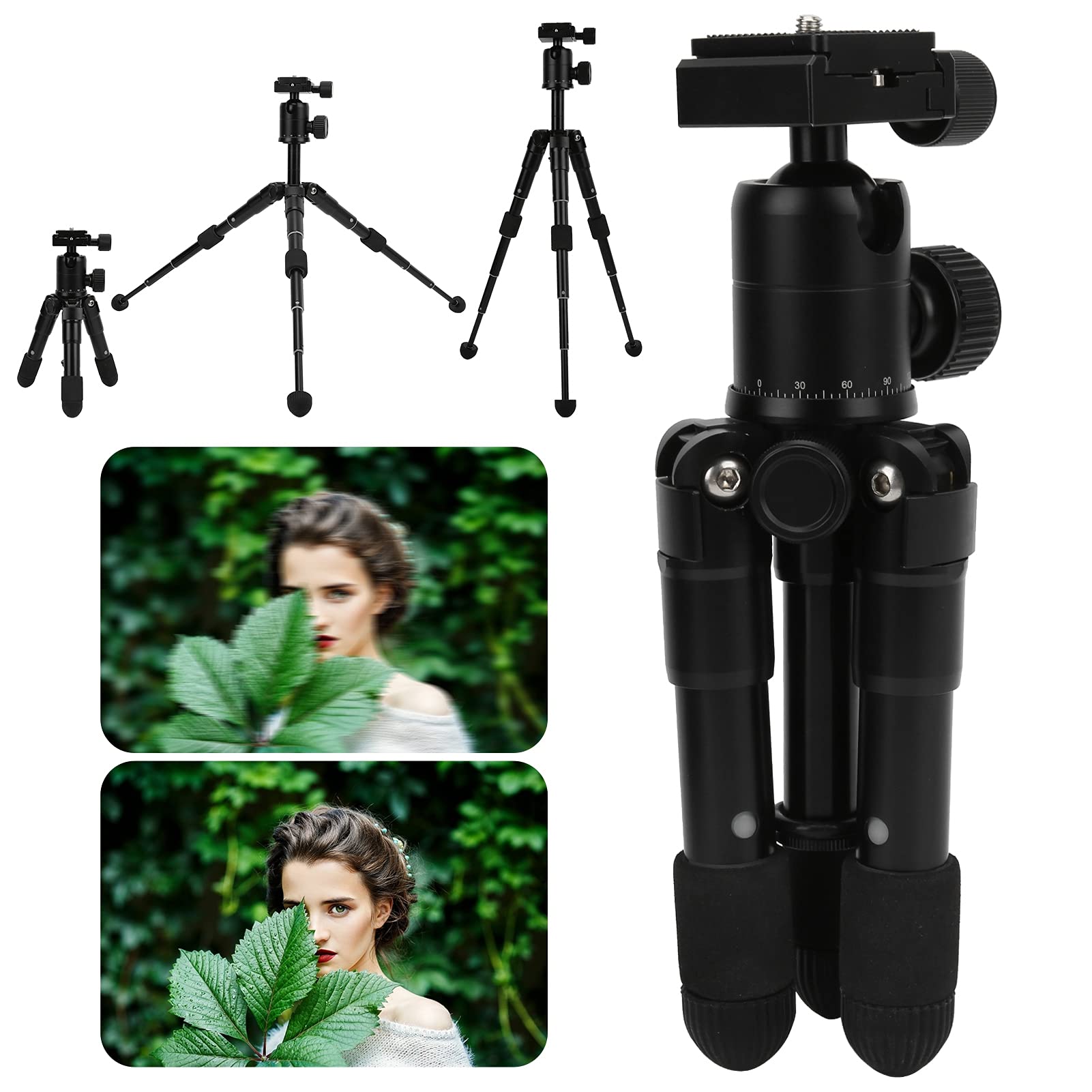 Treppiede da Tavolo Macro QQ66, Lega di Alluminio, Cuscinetti Antiscivolo, Testa a Sfera, Altezza Allungata 49 Cm, Design Compatto per Fotocamera, Fotocamera Senza Specchio
