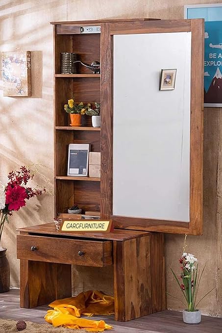 GARGFURNITURE Solid Wood Dressing Table with Mirror Wooden Makeup Vanity Table with 1 Drawer Storage for Bedroom Home (Honey Finish)