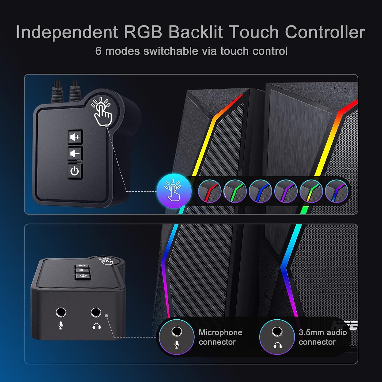 NPET CS50 RGB Computer Speakers, 2.0 Channels Powered Gaming Speakers with 6 LED Modes, Enhanced Sound and Independent Touch Control, USB Powered w/ 3.5mm Cable