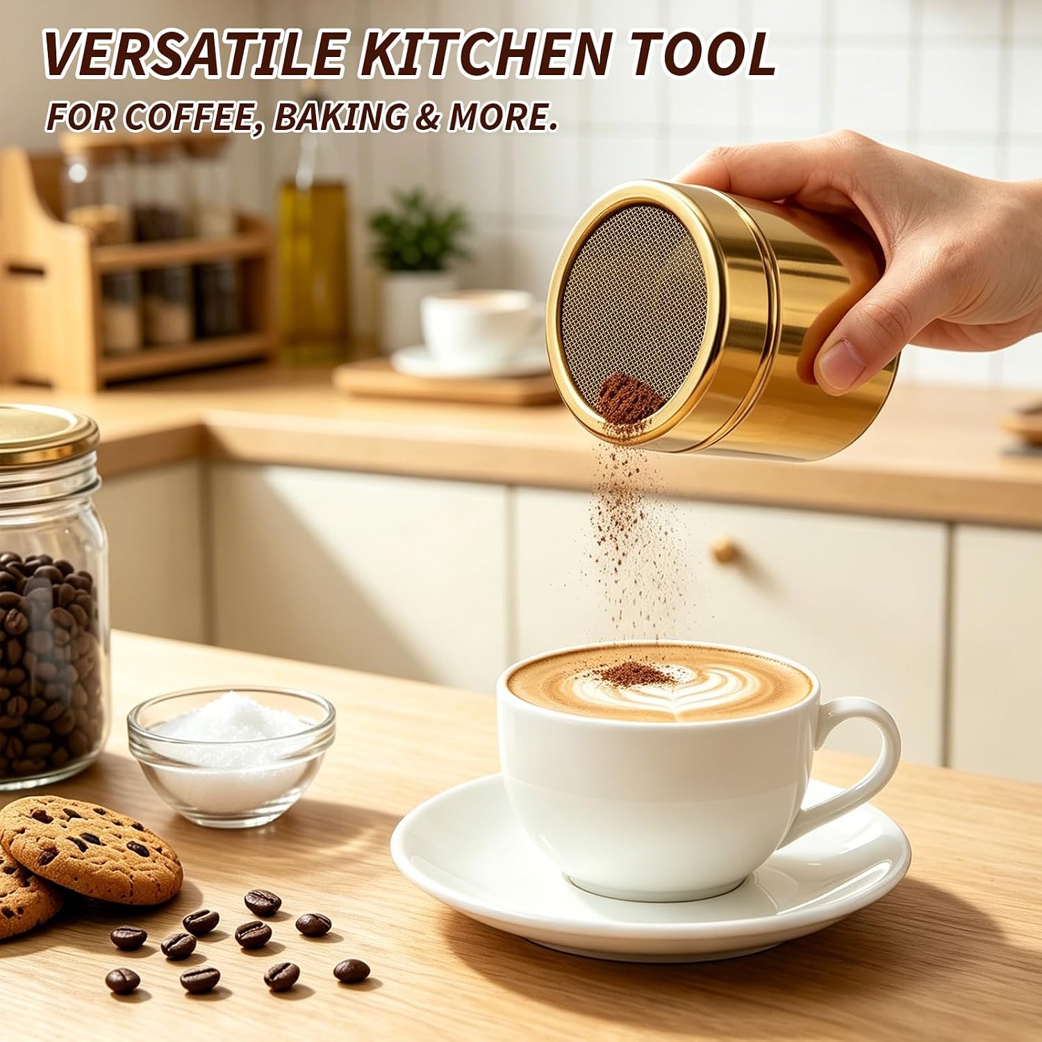 2 PCS Gold Powder Sugar Shaker Duster with Fine Mesh - 304 Stainless Steel Cinnamon Dispenser for Coffee, Chocolate, Flour, Spices - Ideal Kitchen Tool for Home Baking & Daily Use