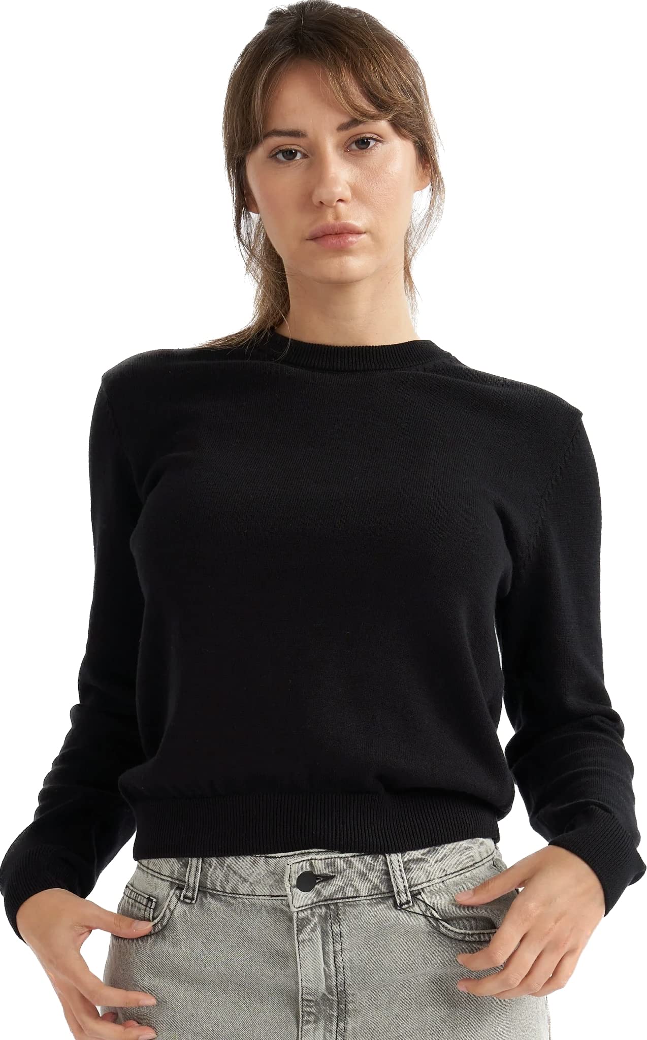 Alsestudio Women's Black `S Crewneck Jumper 100% Cotton Premium Quality Silk Touch Long Sleeve Pullover Essential Style Knitted Sweaters For (, S)