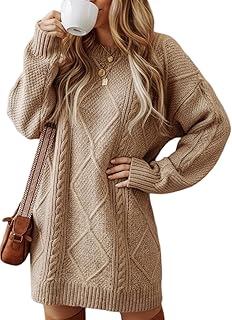 Women's Cable Knit Sweater Dress Drop Shoulder Long Sleeve Round Neck Ca...