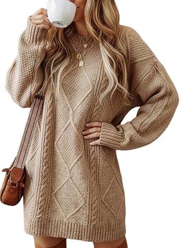 Women's Cable Knit Sweater Dress Drop Shoulder Long Sleeve Round