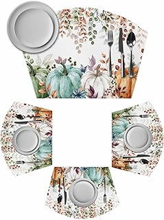 DecorLovee Orange Blue Green Fall Placemats Set of 6 for Dining Table, Woven Round Table Placemats, Pumpkins Maple Leaf Thanksgiving Table Mats Washable Placemat Indoor/Outdoor Patio Kitchen Décor