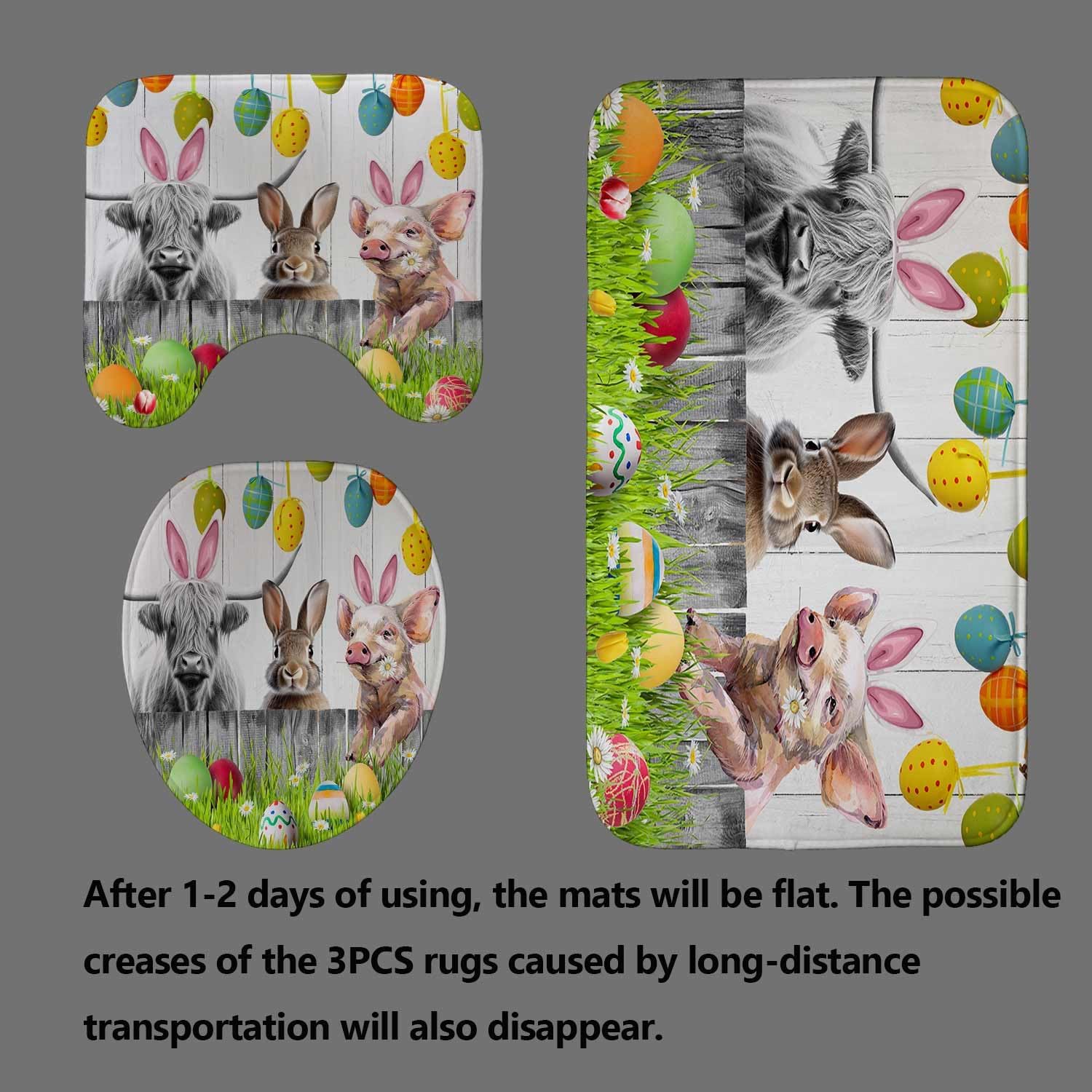 4PCS Spring Easter Bunny Shower Curtain Sets with Rugs, Waterproof Fabric Shower Curtain, Funny Highland Cow Pig Rabbit Easter Eggs Western Farm Animal Country Rustic Farmhouse Bathroom Decor